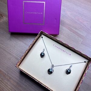 Charter Club Earrings and Necklace Set Faux Tahitian Pearl Silver-plated.